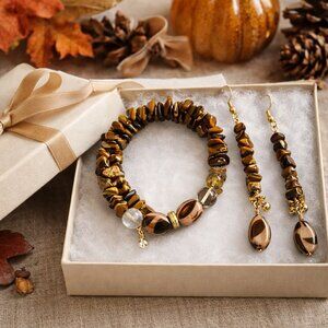 Tiger's Eye Chip Jewelry Set – Bracelet & Earrings – Natural Stone Beads
